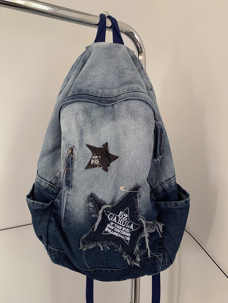 Vintage Star Patch Gradient Denim Backpack - fairypeony