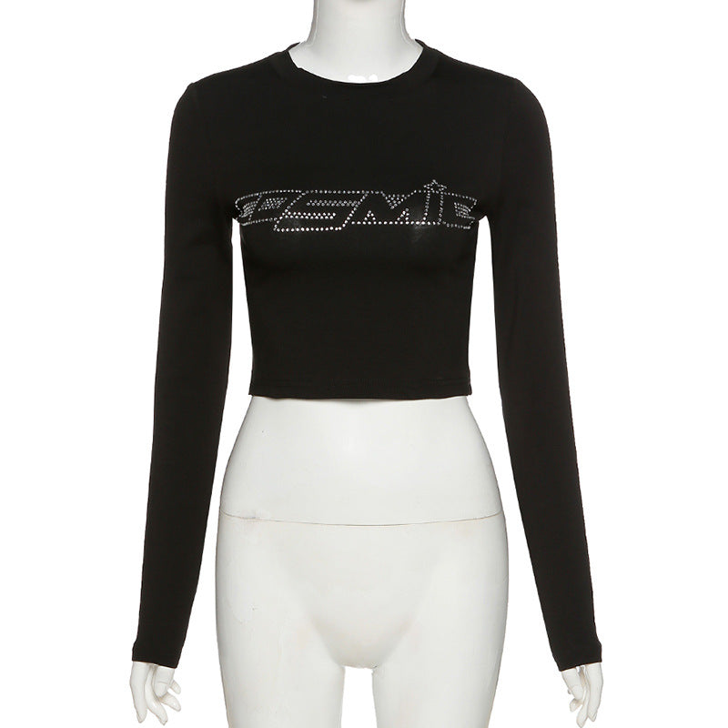 Rhinestone Letter Long Sleeve Crop Top - fairypeony