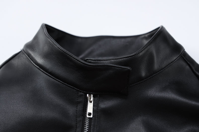 Contrast Pu Leather Cropped Moto Jacket - fairypeony
