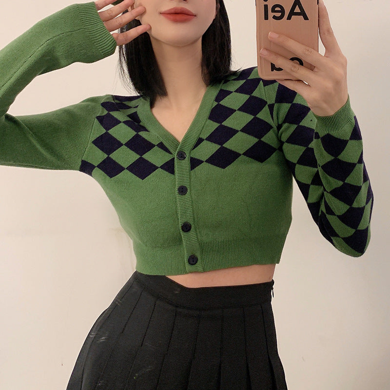 Vintage Crop Argyle Cardigan, , women clothing, vintage-crop-argyle-cardigan, green, fairypeony