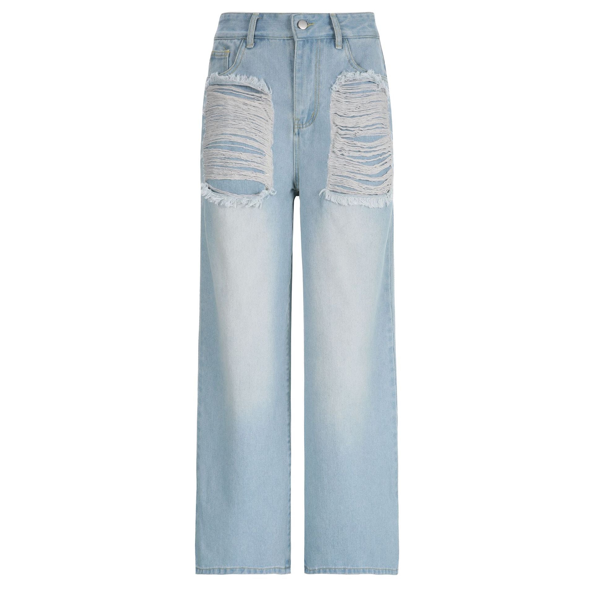 Straight Leg Blue Ripped Jeans - fairypeony