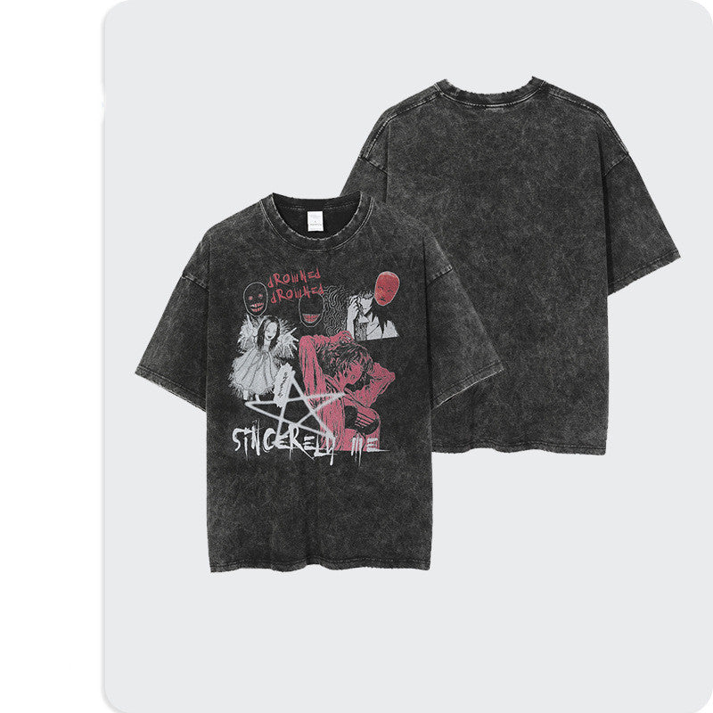 Loose Washed Distressed Short Sleeve T-Shirt, , women clothing, loose-washed-distressed-short-sleeve-t-shirt, black, L, M, XL, fairypeony