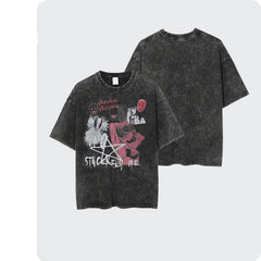 Loose Washed Distressed Short Sleeve T-Shirt, , women clothing, loose-washed-distressed-short-sleeve-t-shirt, black, L, M, XL, fairypeony