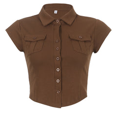 Pocket Button Down Cropped Blouse - fairypeony