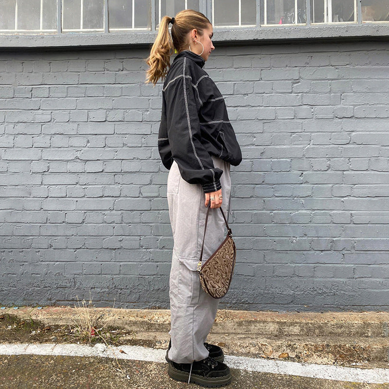 Stitch Detail Nylon Zip Up Jacket, , women clothing, stitch-detail-nylon-zip-up-jacket, , fairypeony