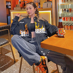 Retro Flame Varsity Jacket, , women clothing, retro-flame-varsity-jacket, black, fairypeony