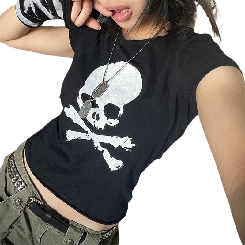 Skull Print Short Sleeve Y2K Crop Top - fairypeony