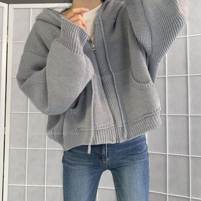 Hooded Zip Up Knit Cardigan, , women clothing, hooded-zip-up-knit-cardigan, , fairypeony