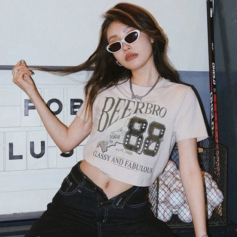 Vintage Logo Printed Short Sleeve Crop Top - fairypeony