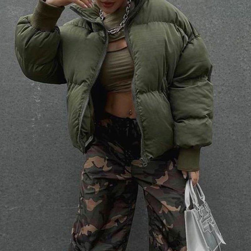 Army Green Zip Up Puffer Jacket - fairypeony