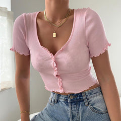 V Neck Ruffles Short Sleeve T Shirt, , women clothing, v-neck-ruffles-short-sleeve-t-shirt, black, blue, green, grey, L, M, pink, S, XL, yellow, fairypeony