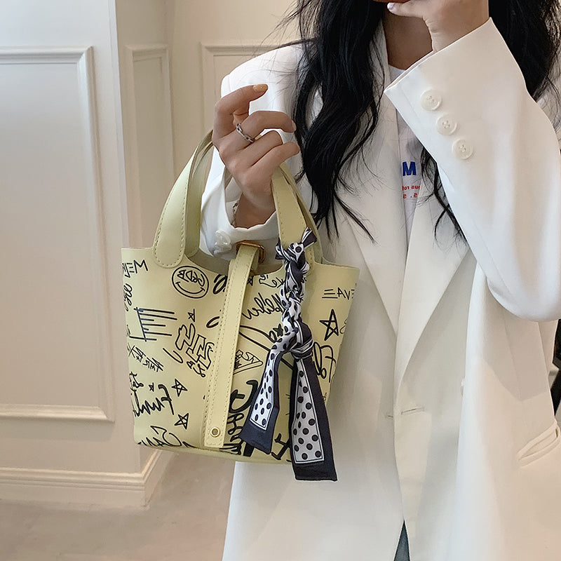 Cartoon Print Silk Scarf Bucket Bag, , women clothing, cartoon-print-silk-scarf-bucket-bag, , fairypeony