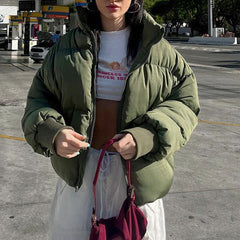 Army Green Zip Up Puffer Jacket - fairypeony