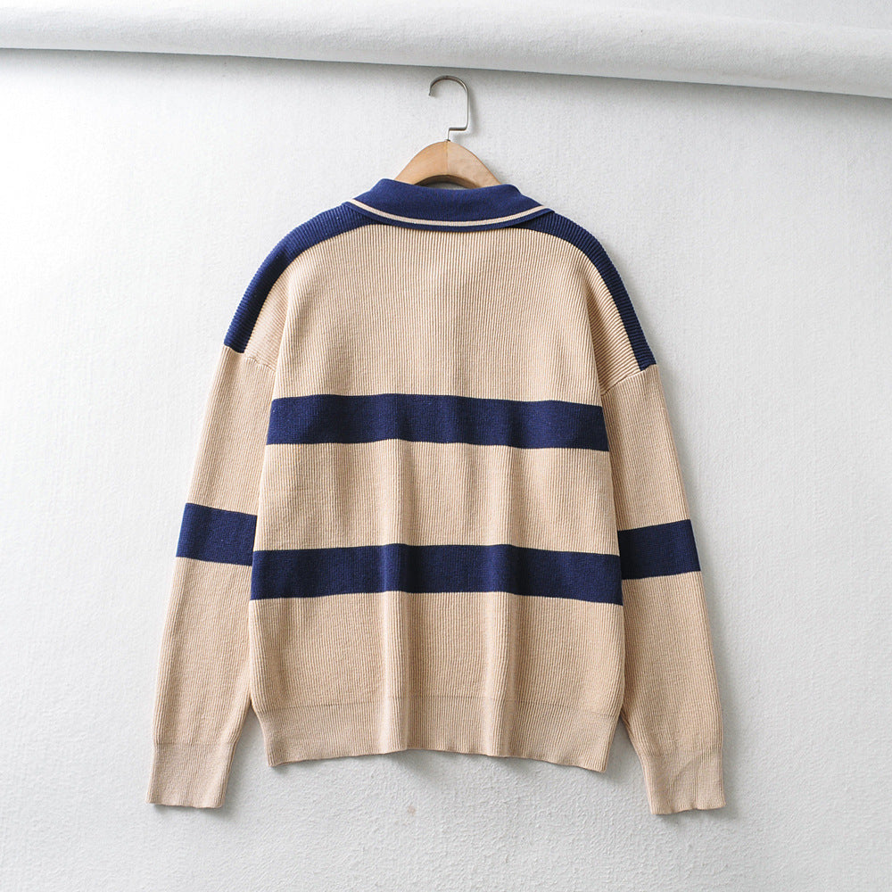 Polo Neck Button Striped Sweater, , women clothing, polo-neck-button-striped-sweater, , fairypeony