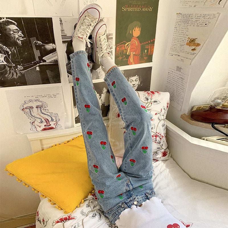 Cute Cherry Jeans, , women clothing, cherry-embroidered-high-waist-mom-jeans, , fairypeony