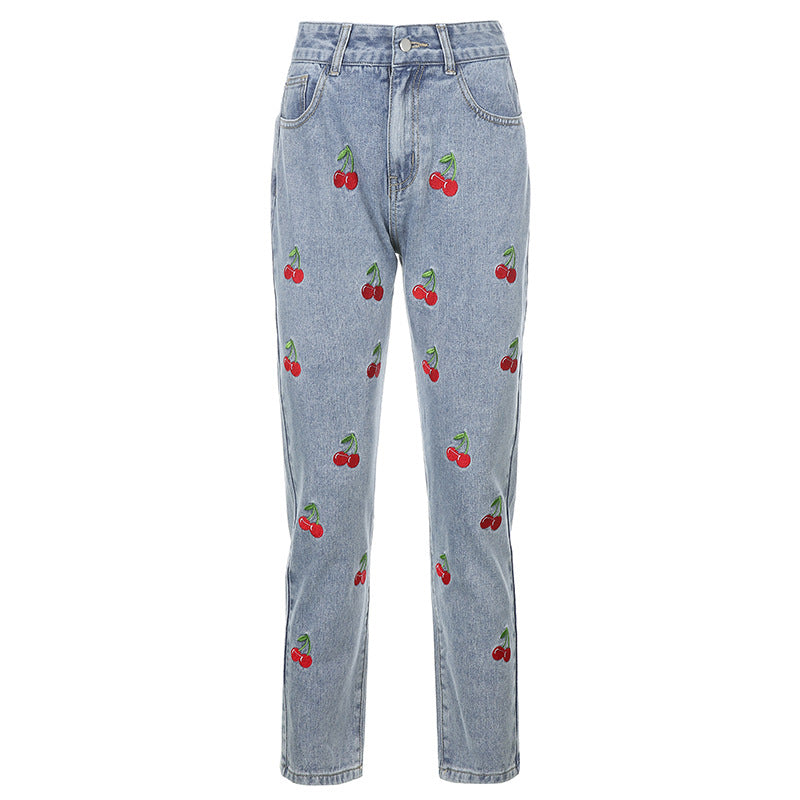 Cute Cherry Jeans, , women clothing, cherry-embroidered-high-waist-mom-jeans, , fairypeony