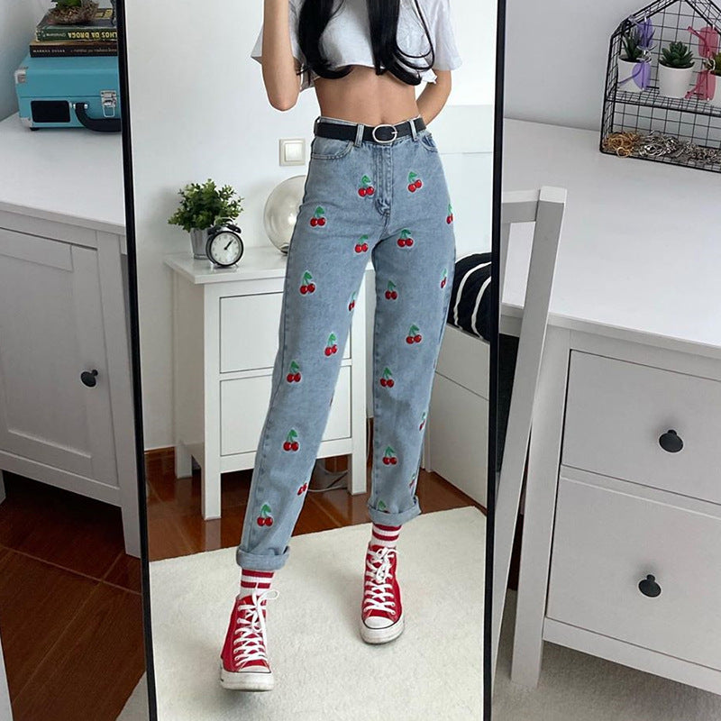 Cute Cherry Jeans, , women clothing, cherry-embroidered-high-waist-mom-jeans, , fairypeony