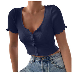 V Neck Ruffles Short Sleeve T Shirt, , women clothing, v-neck-ruffles-short-sleeve-t-shirt, black, blue, green, grey, L, M, pink, S, XL, yellow, fairypeony