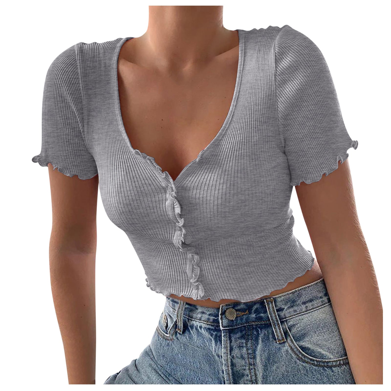 V Neck Ruffles Short Sleeve T Shirt, , women clothing, v-neck-ruffles-short-sleeve-t-shirt, black, blue, green, grey, L, M, pink, S, XL, yellow, fairypeony