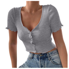 V Neck Ruffles Short Sleeve T Shirt, , women clothing, v-neck-ruffles-short-sleeve-t-shirt, black, blue, green, grey, L, M, pink, S, XL, yellow, fairypeony
