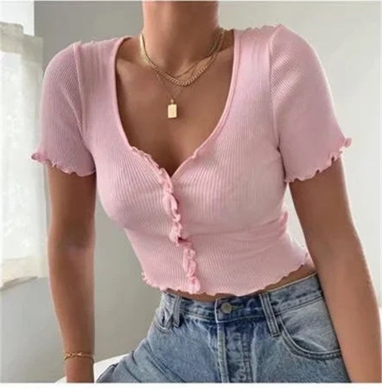 V Neck Ruffles Short Sleeve T Shirt, , women clothing, v-neck-ruffles-short-sleeve-t-shirt, black, blue, green, grey, L, M, pink, S, XL, yellow, fairypeony