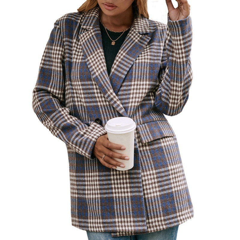 Double-breasted Checkered Casual Blazer, , women clothing, double-breasted-checkered-casual-blazer, , fairypeony