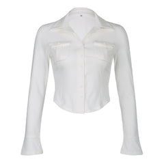Pocket Button Down Cropped Blouse - fairypeony