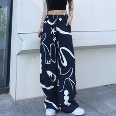 Vintage Graffiti Print Loose Wide-leg Pants, , women clothing, vintage-graffiti-print-loose-wide-leg-pants, , fairypeony