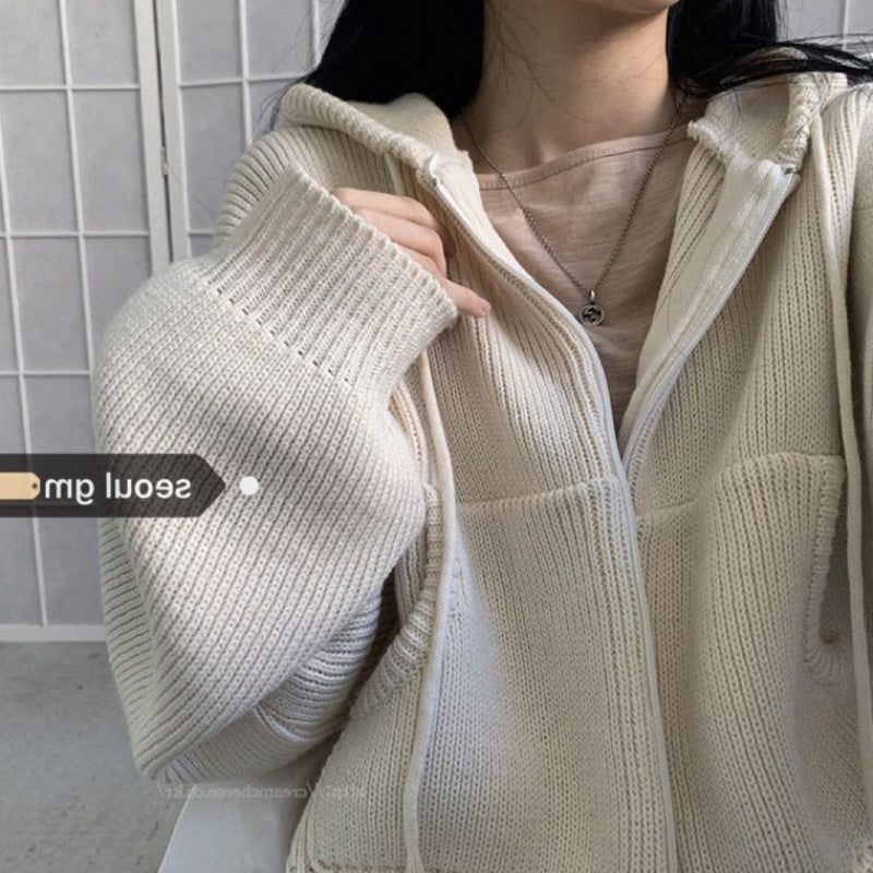 Hooded Zip Up Knit Cardigan, , women clothing, hooded-zip-up-knit-cardigan, , fairypeony
