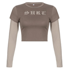 Logo Embroidered Patchwork Long Sleeve Crop Top - fairypeony