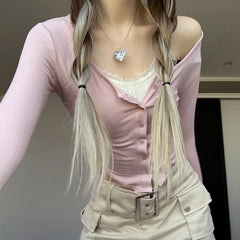 Lace Trim Knit Long Sleeve Button Crop Top - fairypeony