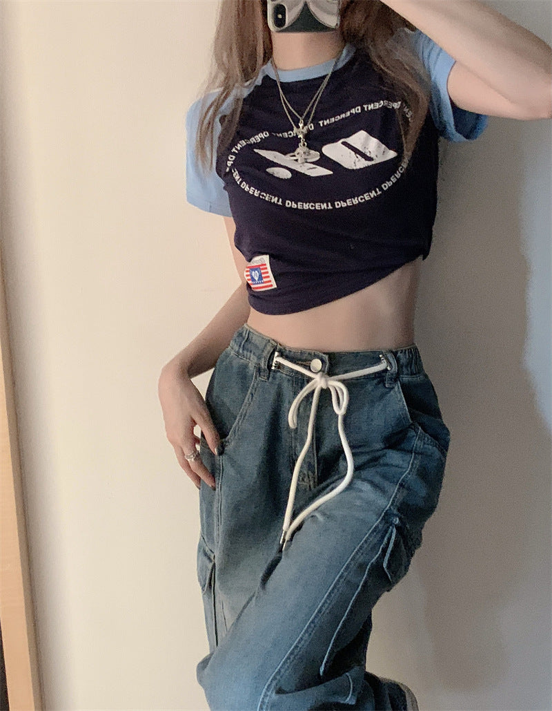 Tie Strap Blue Wash Straight Cargo Jeans - fairypeony