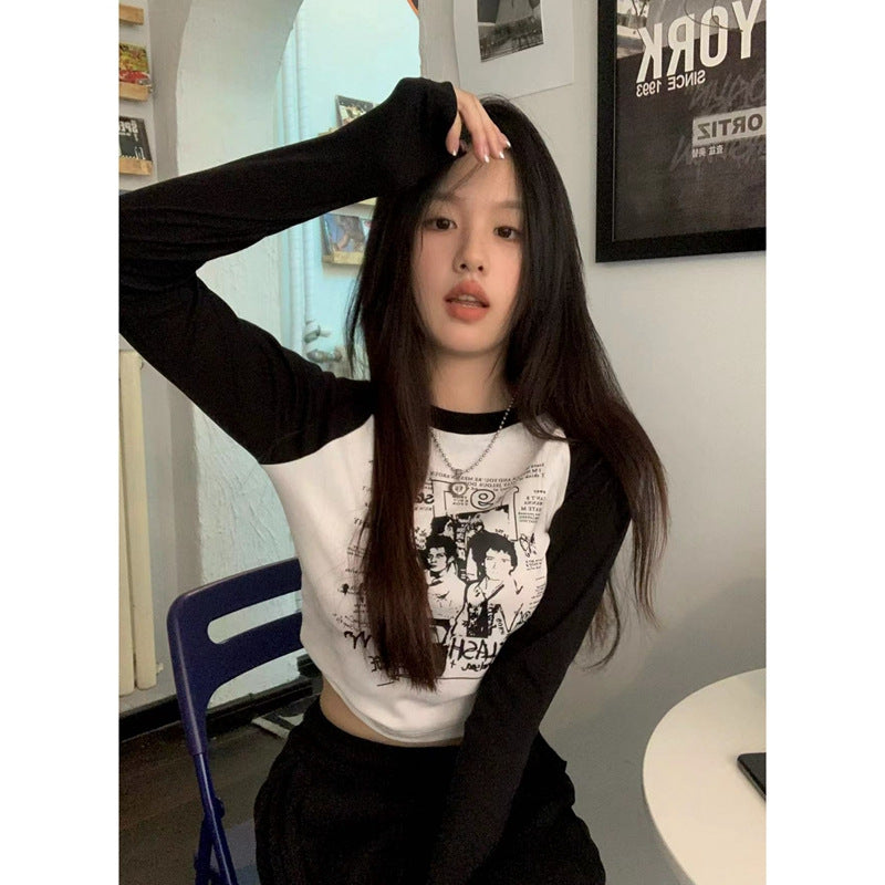 Vintage Printed Long Sleeve Crop Top - fairypeony