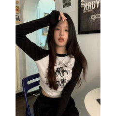 Vintage Printed Long Sleeve Crop Top - fairypeony