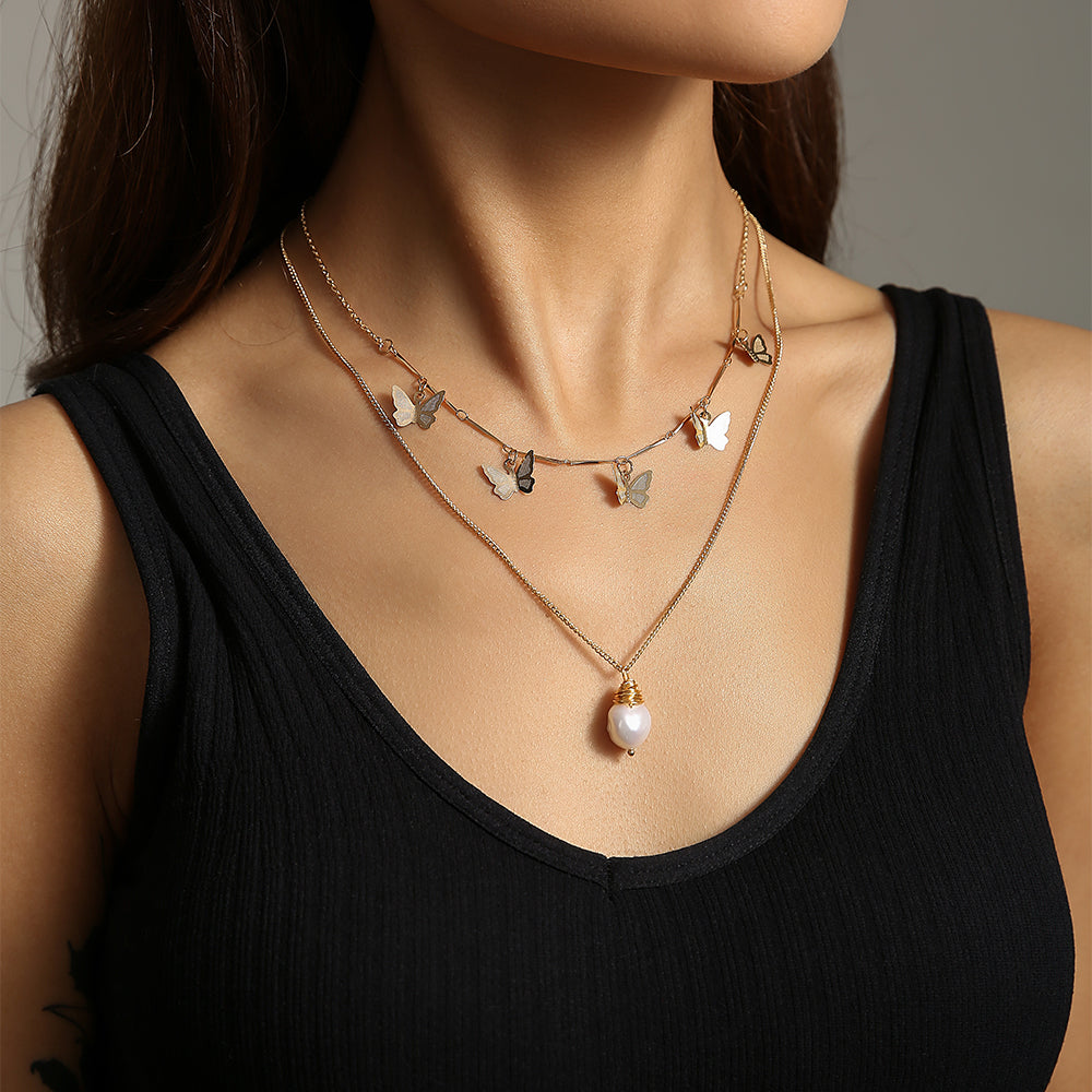Freshwater Pearl Butterfly Multi-layer Necklace, , women clothing, freshwater-pearl-butterfly-multi-layer-necklace, , fairypeony