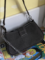 Chain Detail Star Buckled Denim Shoulder Bag - fairypeony
