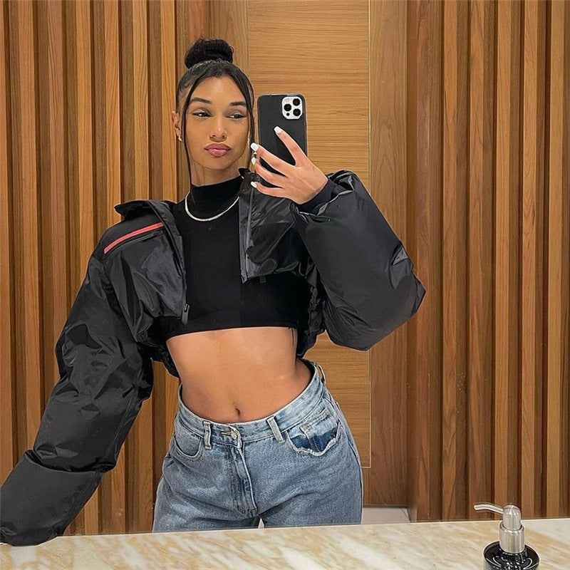 Black Hooded Cropped Puffer Jacket, fairy peony, women clothing, black-hooded-cropped-puffer-jacket, , fairypeony