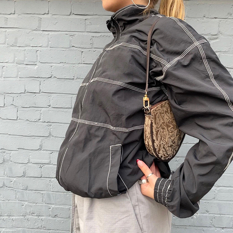 Stitch Detail Nylon Zip Up Jacket, , women clothing, stitch-detail-nylon-zip-up-jacket, , fairypeony