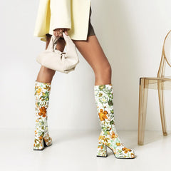 Colorful Floral Square Toe Boots, , women clothing, colorful-floral-square-toe-boots, green, white, fairypeony