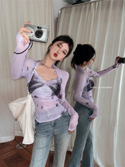 Lavender Contrasting Mesh Long Sleeve Top - fairypeony