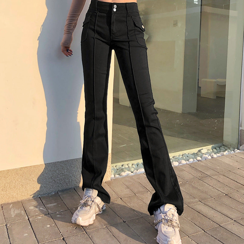 Low-waist Side Pockets Retro Trousers, , women clothing, low-waist-side-pockets-retro-trousers, , fairypeony