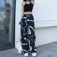 Vintage Graffiti Print Loose Wide-leg Pants, , women clothing, vintage-graffiti-print-loose-wide-leg-pants, , fairypeony
