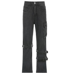Washed Mid Waist Pocket Cargo Jeans - fairypeony