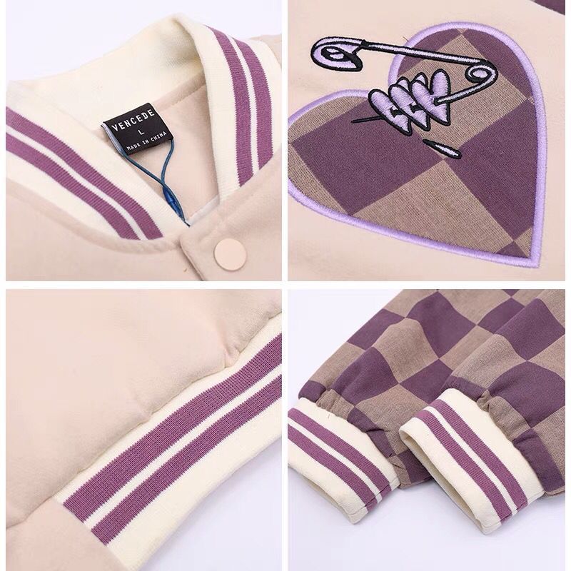 Retro Checkerboard Baseball Jacket, , women clothing, retro-checkerboard-baseball-jacket, , fairypeony