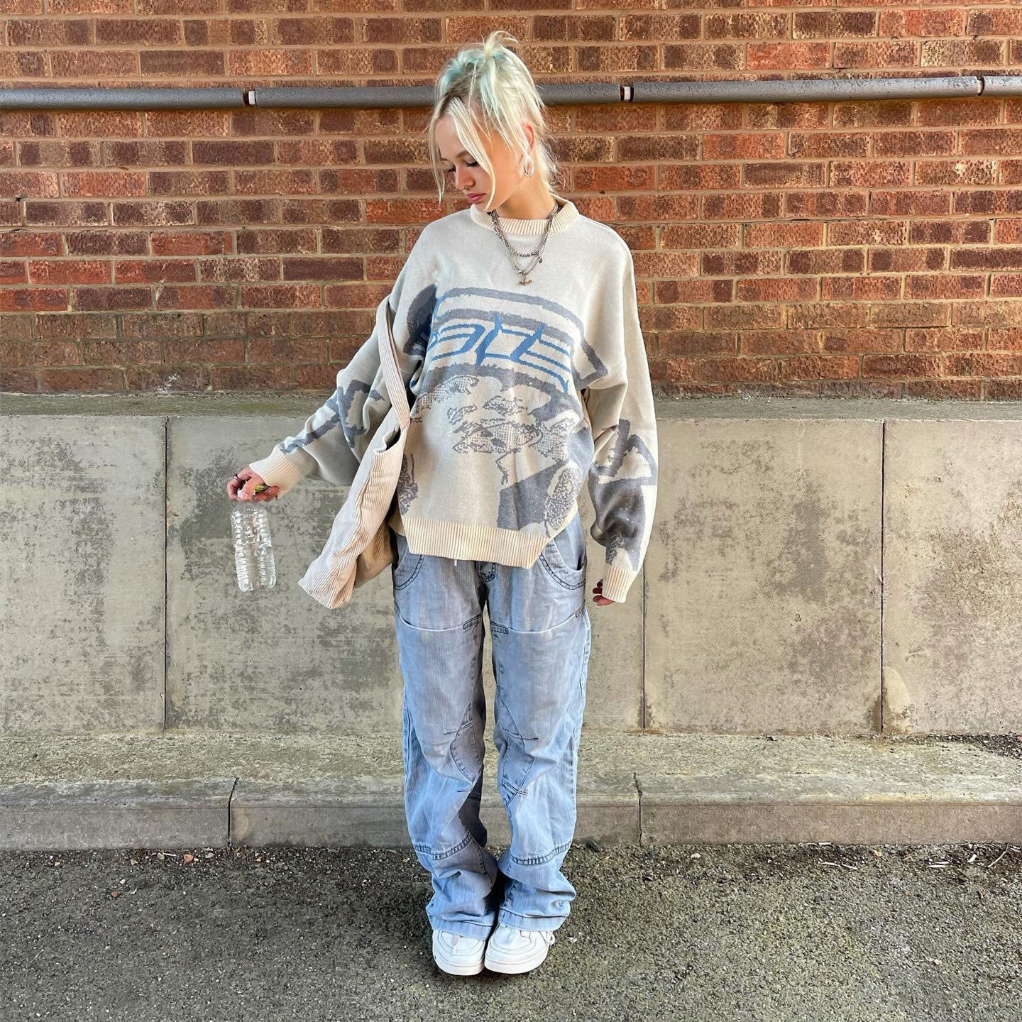 Long Sleeve Jacquard Crew Neck Sweater - fairypeony