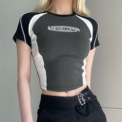 Logo Print Patchwork Short Sleeve Tee - fairypeony