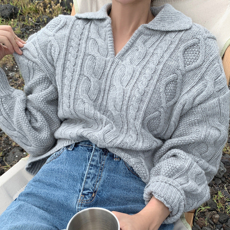 Lapel small V-neck twist knit sweater, , women clothing, lapel-small-v-neck-twist-knit-sweater, , fairypeony