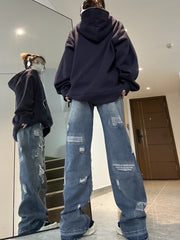 Patched Distressed Loose Jeans - fairypeony