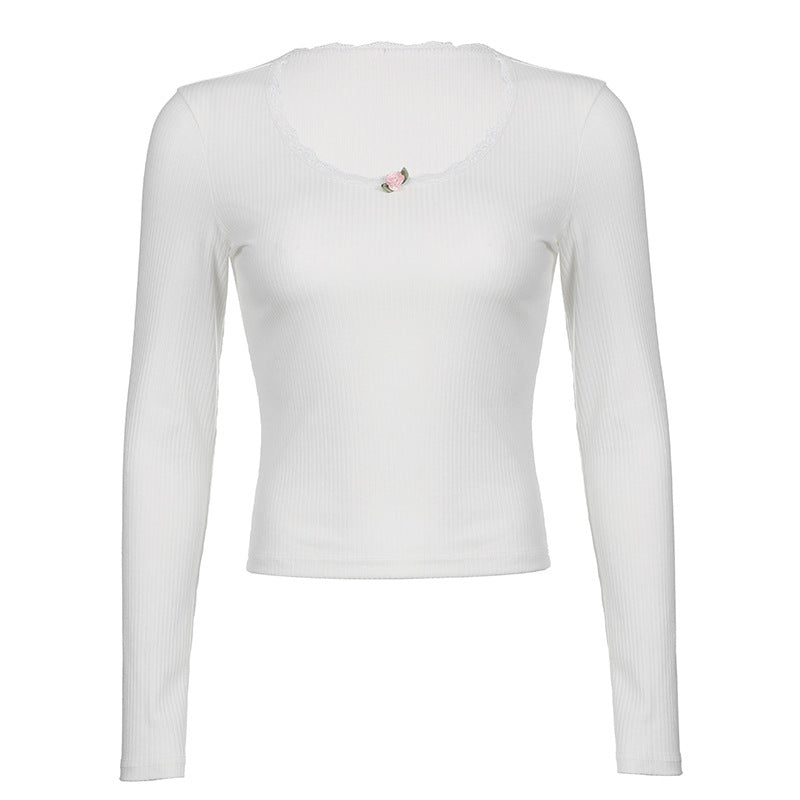 Lace Trim White Ribbed Knit Top - fairypeony