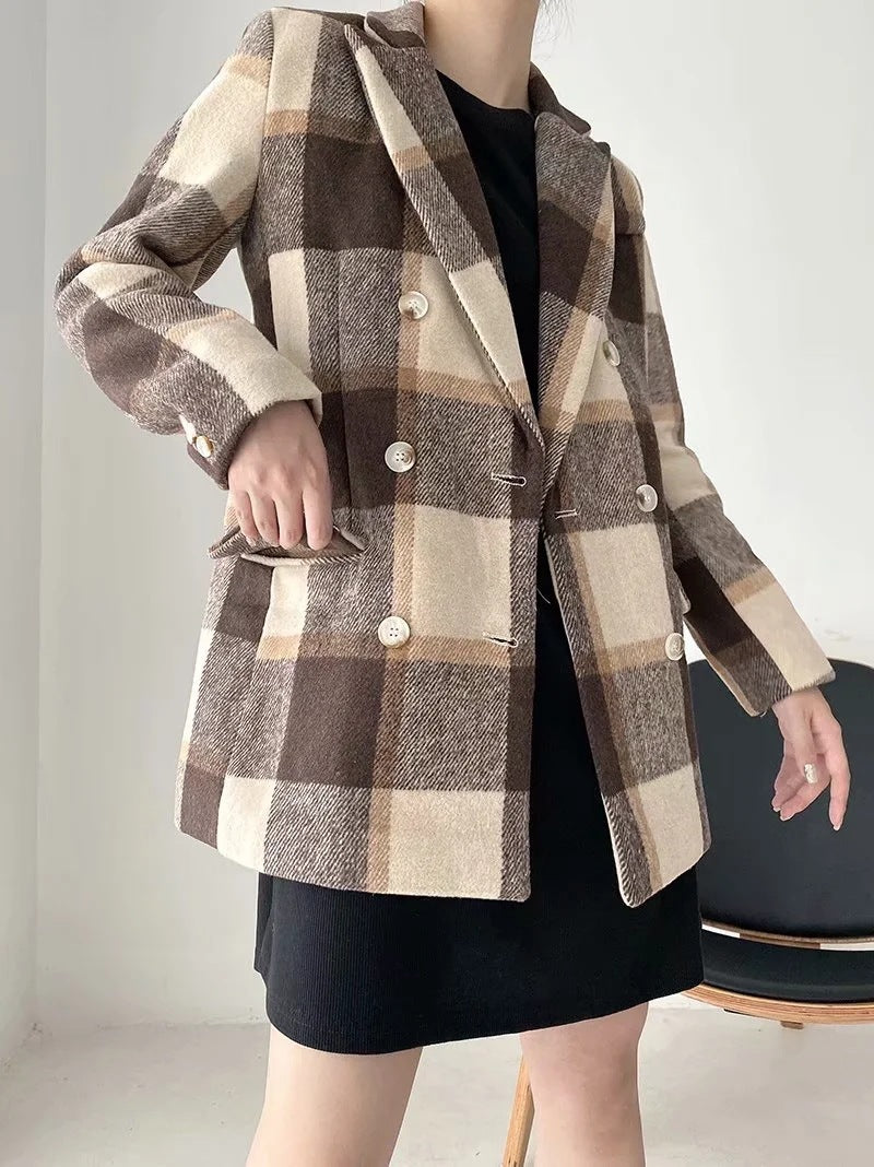 Double-breasted woolen plaid blazer, , women clothing, double-breasted-woolen-plaid-blazer, , fairypeony